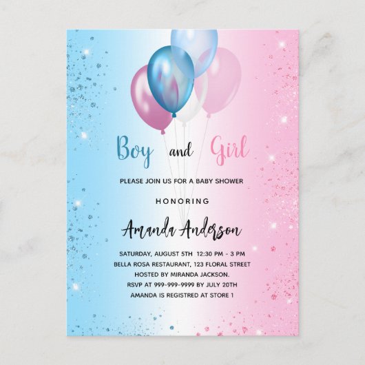 Baby shower roze blauw meisje jongen tweeling uitnodiging briefkaart (Voorkant)