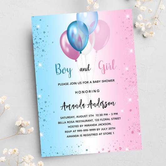 Baby shower roze blauw meisje jongen tweeling uitnodiging briefkaart