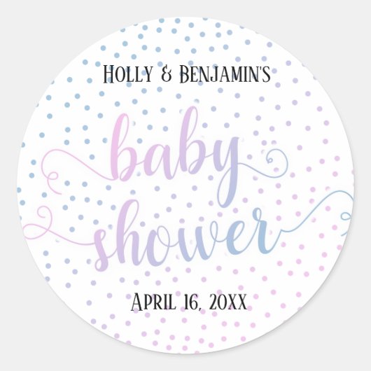 Baby shower Roze Blauwe Confetti, Namen & Datum Ronde Sticker (Voorkant)