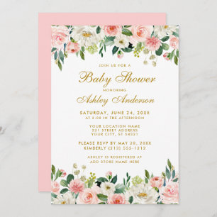 Baby shower Roze bleekbloes wit goud invite GP Kaart