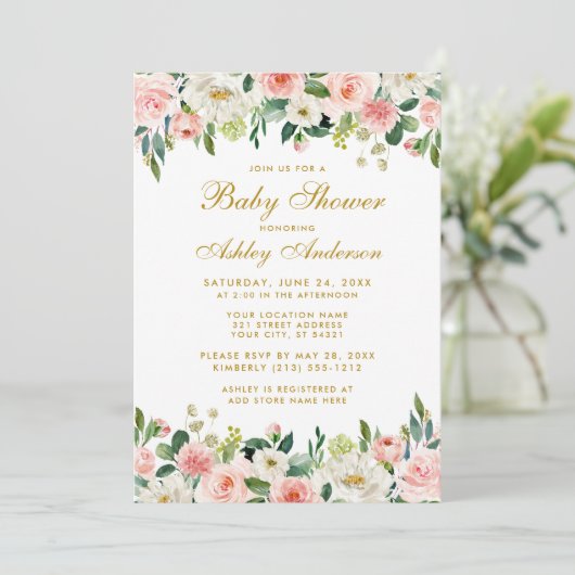 Baby shower Roze bleekhout - wit goud invite G Kaart (Staand voorkant)