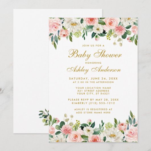 Baby shower Roze bleekhout - wit goud invite G Kaart (Voorkant / Achterkant)