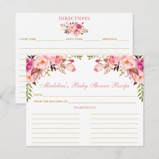 Baby shower Roze bleekse Floral Gold Recipe Kaart (Voorkant / Achterkant)