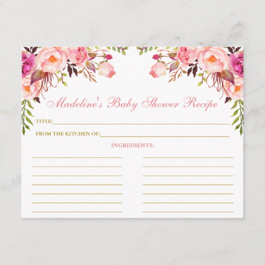 Baby shower Roze bleekse Floral Gold Recipe Kaart (Voorkant)