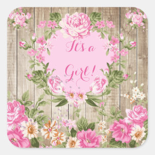 Baby Shower Roze Bloem Rustic Hout Meisje Vierkante Sticker