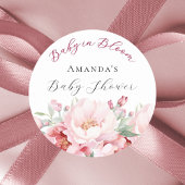 Baby shower roze bloemen baby in bloei ronde sticker