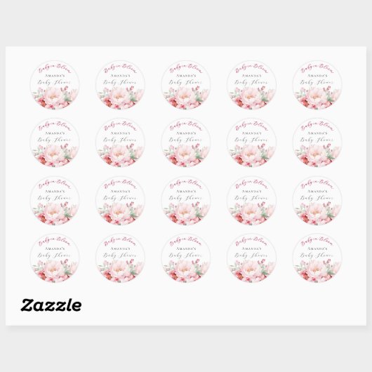 Baby shower roze bloemen baby in bloei ronde sticker (Vel)