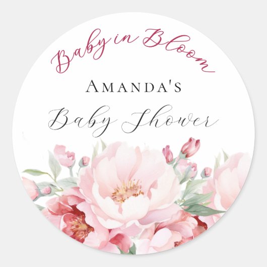 Baby shower roze bloemen baby in bloei ronde sticker (Voorkant)