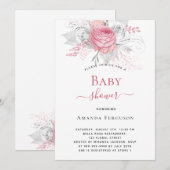 Baby shower roze bloemen elegant zilver wit meisje kaart (Voorkant / Achterkant)