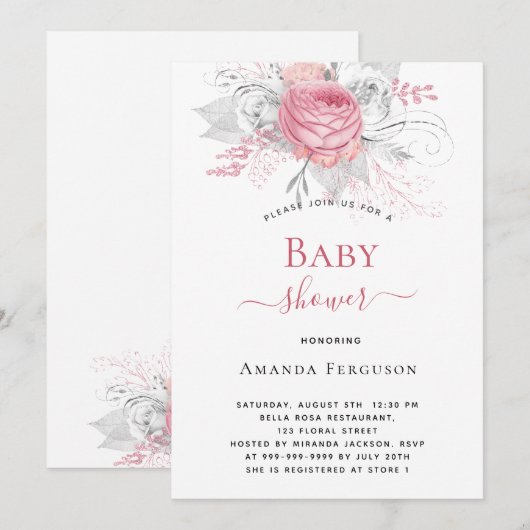 Baby shower roze bloemen elegant zilver wit meisje kaart (Voorkant / Achterkant)