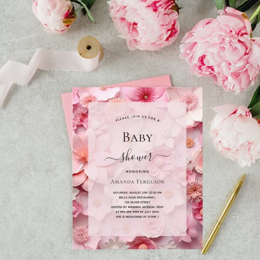 Baby shower roze bloemen meisje budget uitnodiging