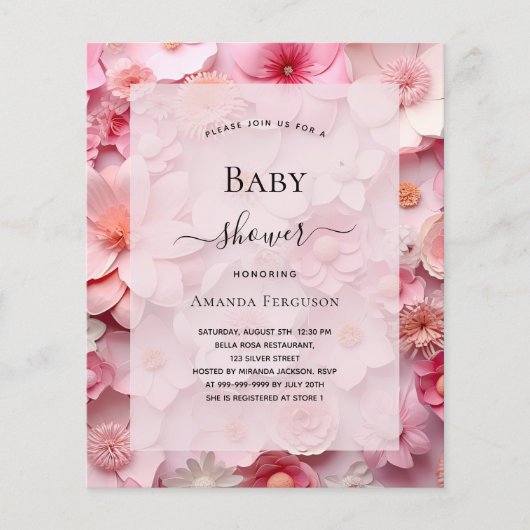 Baby shower roze bloemen meisje budget uitnodiging flyer (Voorkant)