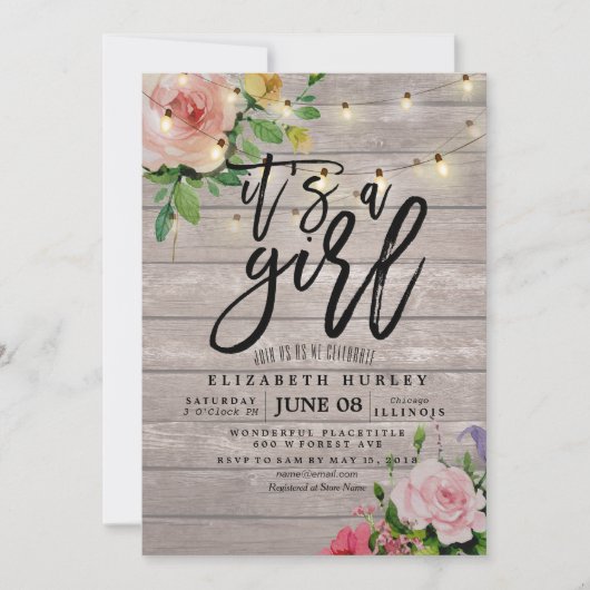 Baby shower Roze bloemen Rustic Wood String Lights Kaart (Voorkant)