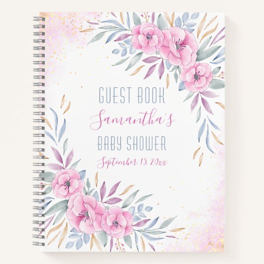 Baby shower Roze bloemen Waterverf Gastboek Notitieboek (Voorkant)