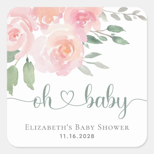 Baby shower Roze Bloemen Waterverf Vierkante Sticker (Voorkant)