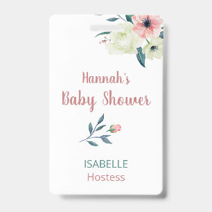 Baby shower Roze Bloemengastvrouw of Gast Naam Tag Badge