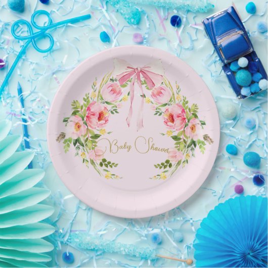 Baby shower roze bloemenkam Regency Bow Papieren Bordje (Feest)