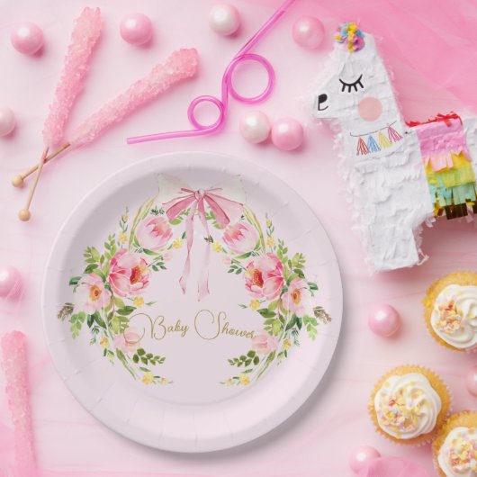 Baby shower roze bloemenkam Regency Bow Papieren Bordje (Feest)