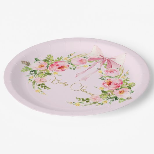 Baby shower roze bloemenkam Regency Bow Papieren Bordje (Gekanteld)