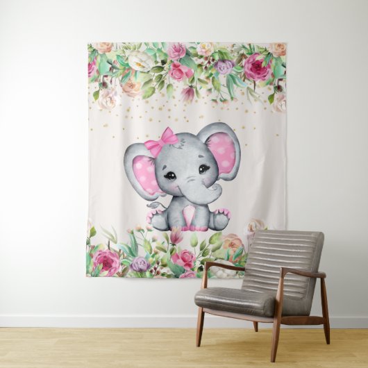 Baby Shower Roze Bloemenkleed Olifant Baby Shower Wandkleed (In situ)