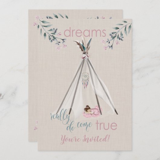 Baby shower Roze Boho Tipi DreamCatcher Kaart (Voorkant / Achterkant)