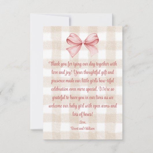 Baby shower Roze Bow Thema Custom Bedankkaart (Achterkant)