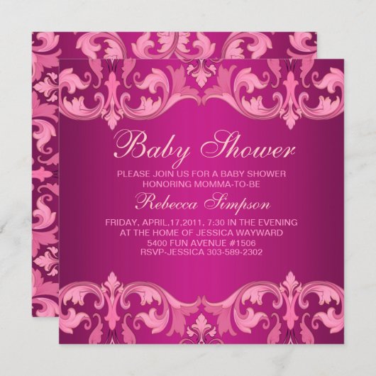Baby shower Roze Damask Kaart (Voorkant / Achterkant)