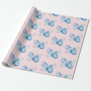 Baby shower, roze en blauwe waterverf vlinder cadeaupapier