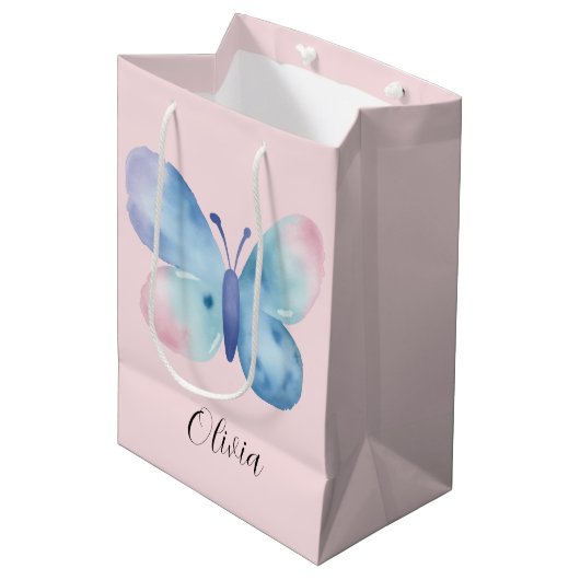 Baby shower, roze en blauwe waterverf vlinder medium cadeauzakje (Voorkant Gekanteld)