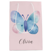 Baby shower, roze en blauwe waterverf vlinder medium cadeauzakje (Voorkant)