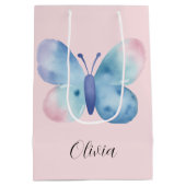 Baby shower, roze en blauwe waterverf vlinder medium cadeauzakje (Achterkant)