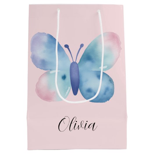 Baby shower, roze en blauwe waterverf vlinder medium cadeauzakje (Achterkant)