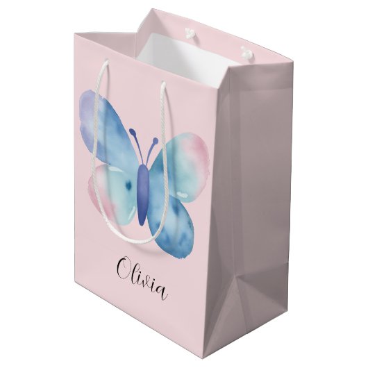 Baby shower, roze en blauwe waterverf vlinder medium cadeauzakje (Achterkant Gekanteld)