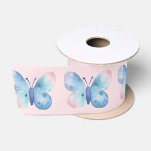 Baby shower, roze en blauwe waterverf vlinder satijnen lint