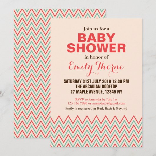 Baby shower Roze en Coral Chevron Kaart (Voorkant / Achterkant)