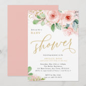 Baby shower, roze en gouden Waterverven bloemen Kaart (Voorkant / Achterkant)