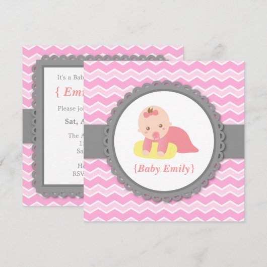 baby shower - Roze en Witte Chevron, babymeisje Kaart (Voorkant / Achterkant)