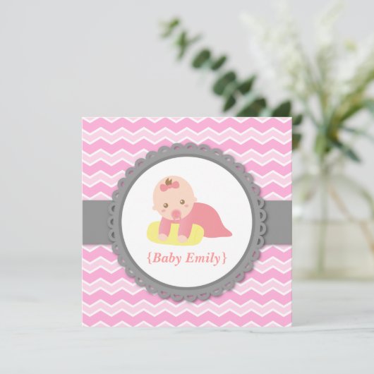 baby shower - Roze en Witte Chevron, babymeisje Kaart (Staand voorkant)