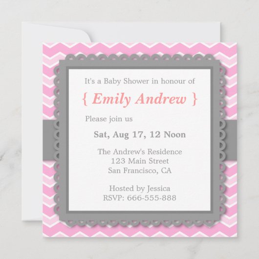 baby shower - Roze en Witte Chevron, babymeisje Kaart (Achterkant)