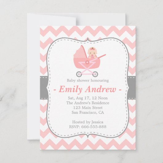 baby shower - Roze en witte Chevron met Stroller Kaart (Voorkant)