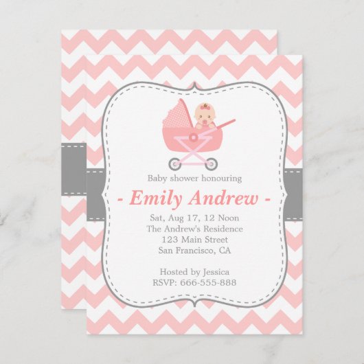 baby shower - Roze en witte Chevron met Stroller Kaart (Voorkant / Achterkant)