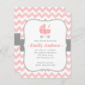 baby shower - Roze en witte Chevron met Stroller Kaart (Voorkant / Achterkant)
