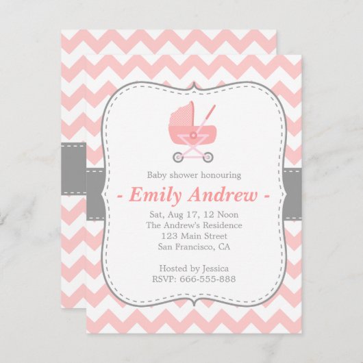 baby shower - Roze en witte Chevron met Stroller Kaart (Voorkant / Achterkant)