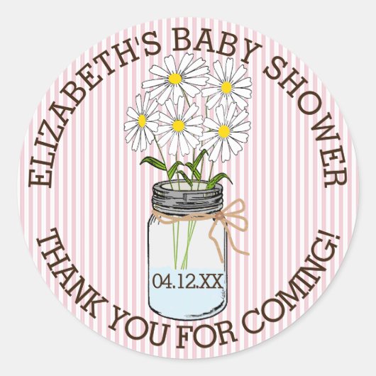 Baby shower Roze en witte strepen Mason Jar Ronde Sticker (Voorkant)