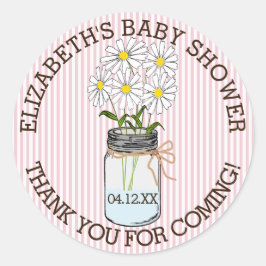 Baby shower Roze en witte strepen Mason Jar Ronde Sticker