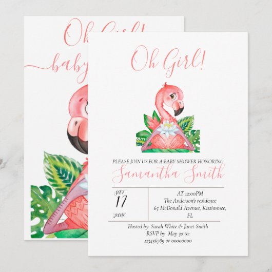 Baby shower Roze Flamingo Oerwoud Waterverf Kaart (Voorkant / Achterkant)