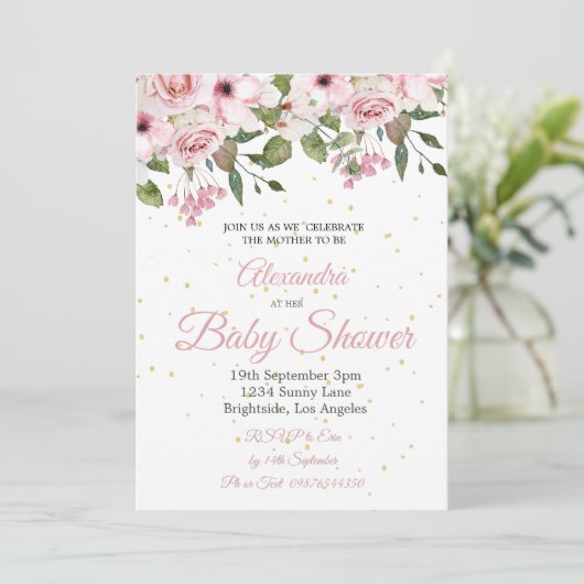 Baby shower Roze Floral Gold Chic Kaart (Staand voorkant)