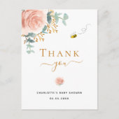 Baby shower roze floral greenery bedankt briefkaart (Voorkant)
