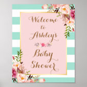 Baby shower Roze Floral Mint Green Stripes Poster (Voorkant)