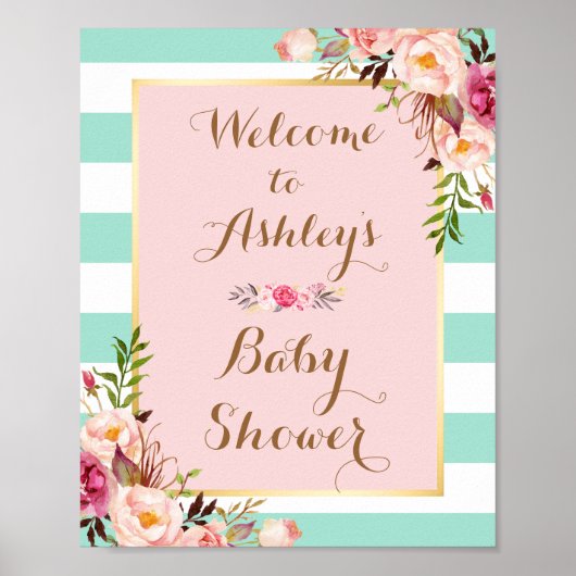 Baby shower Roze Floral Mint Green Stripes Poster (Voorkant)